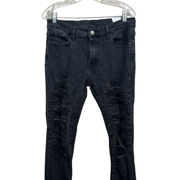 MNML Mens Jeans Stretch Slim Straight Distressed Raw‎ Zip Fly Black Size 32W - Picture 2 of 7